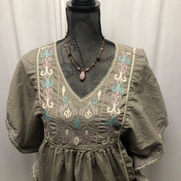 Relativity Embroidered Cotton Boho Top Womens Size Large Olive Green V-Neck - Picture 2 of 8